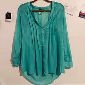 Teal colored button-up top from Vanity
